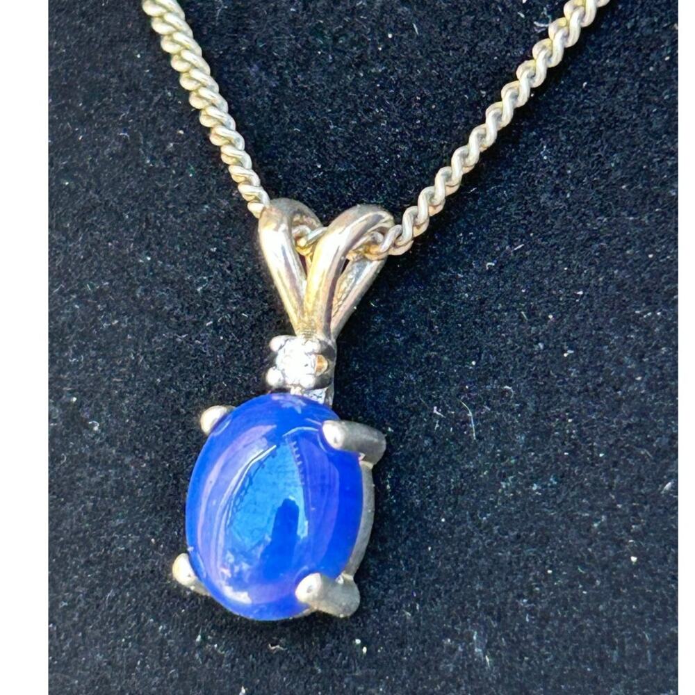 Sterling Silver Necklace with Oval Blue Agate Pendant Cabochon
